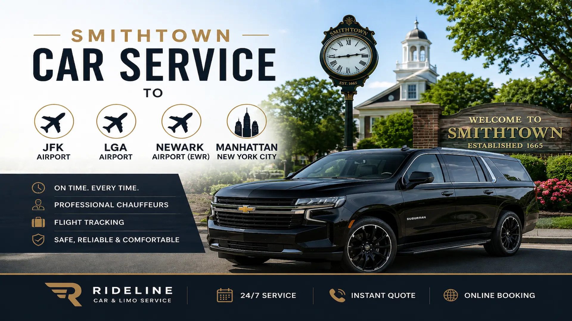 Black Chevrolet Suburban providing Smithtown car service to JFK Airport, LaGuardia, Newark Airport, and Manhattan with Rideline chauffeur service.