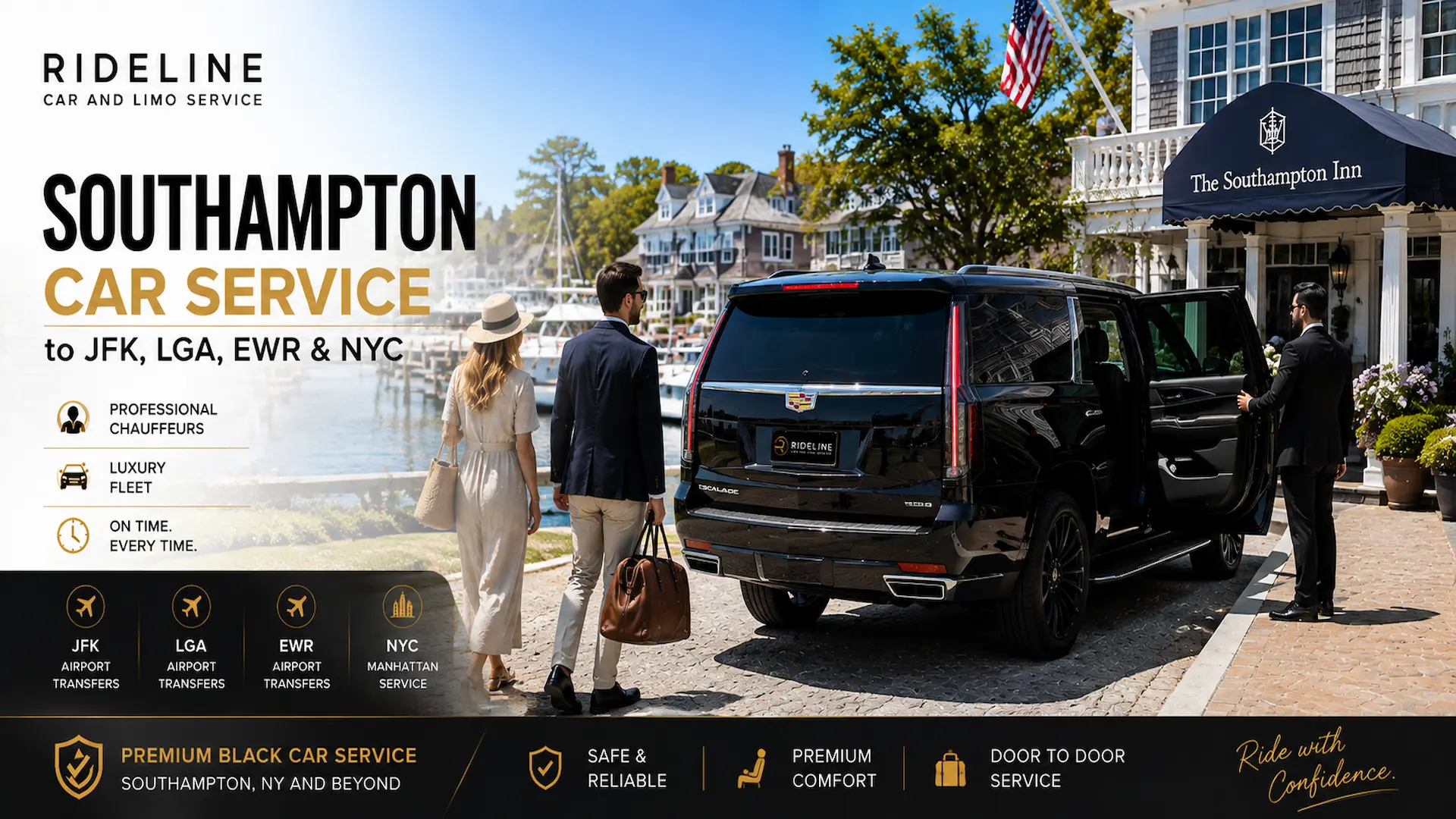 Rideline chauffeur welcoming travelers to a luxury black Cadillac Escalade outside The Southampton Inn in Southampton, NY for premium car service to JFK Airport, LaGuardia Airport, Newark Airport, and New York City