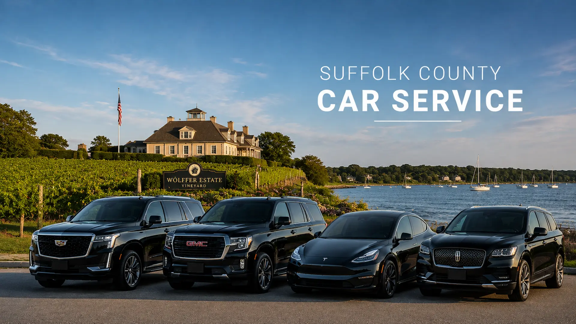 Rideline luxury fleet featuring a Cadillac Escalade, Chevrolet Suburban, Tesla Model Y, and Lincoln Aviator providing Suffolk County car service for airport transfers, corporate travel, and transportation across Long Island.