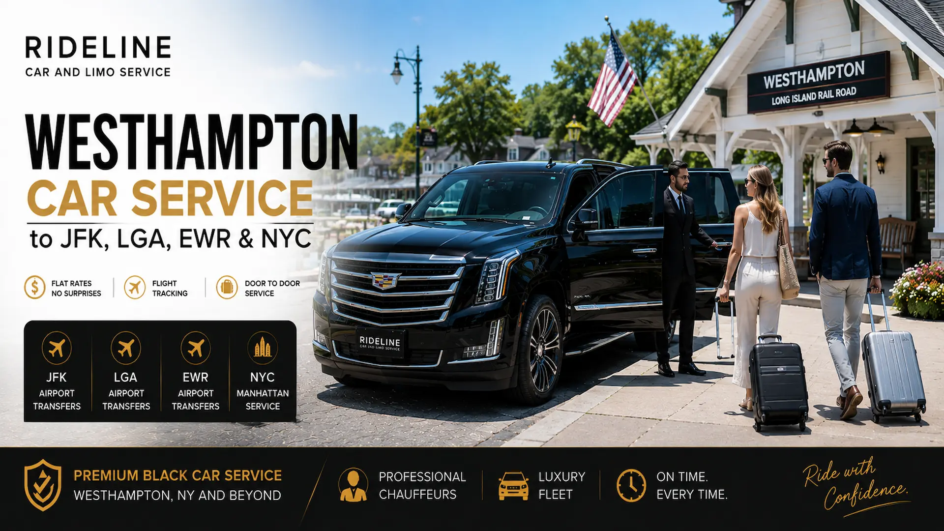 Rideline chauffeur welcoming travelers with luggage to a luxury black Cadillac Escalade outside Westhampton LIRR Station for premium car service to JFK Airport, LaGuardia Airport, Newark Airport, and New York City.