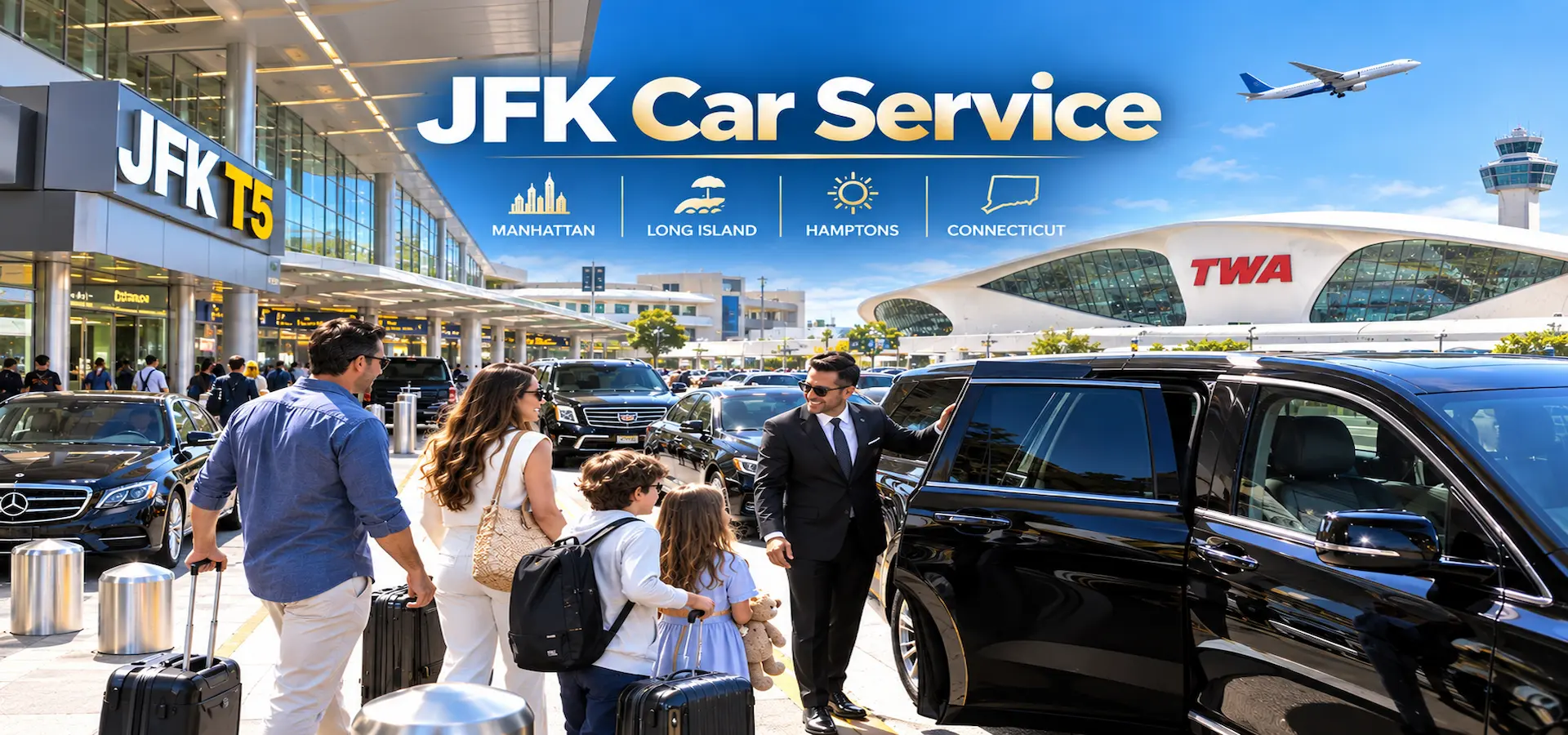 JFK Terminal 5 car service with professional chauffeur greeting a family for transportation to Manhattan, Long Island, the Hamptons and Connecticut.