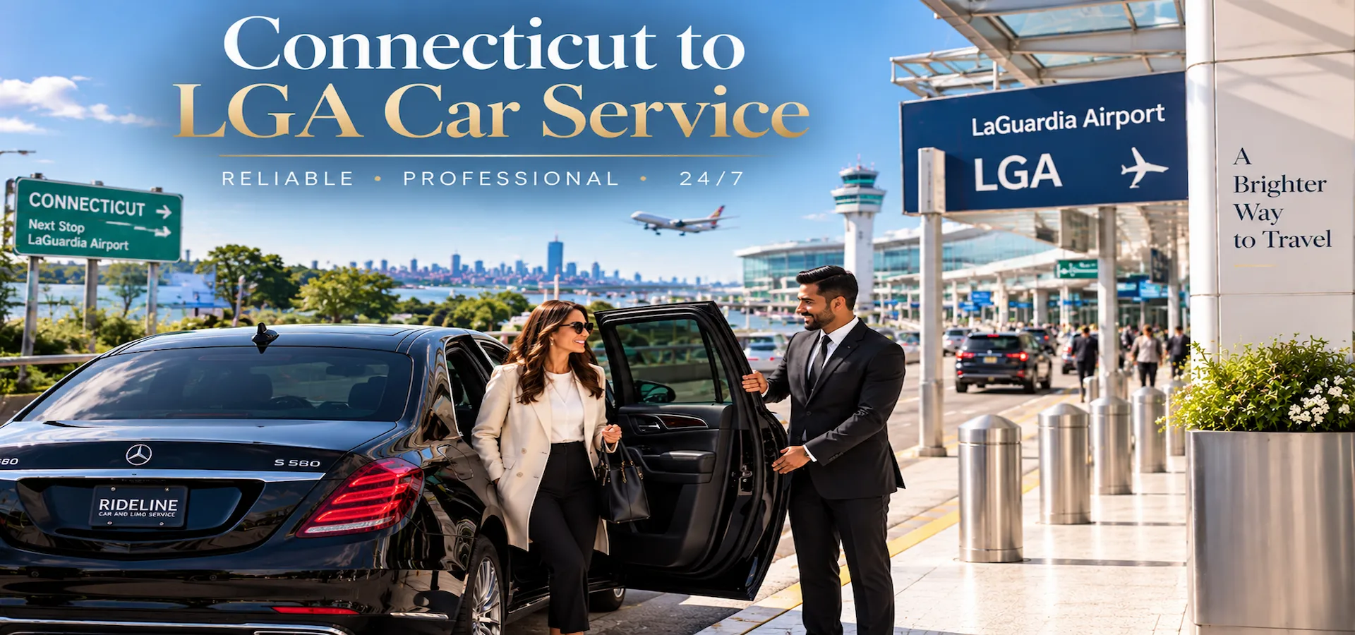 Connecticut to LGA car service with Rideline chauffeur and luxury black sedan at LaGuardia Airport.