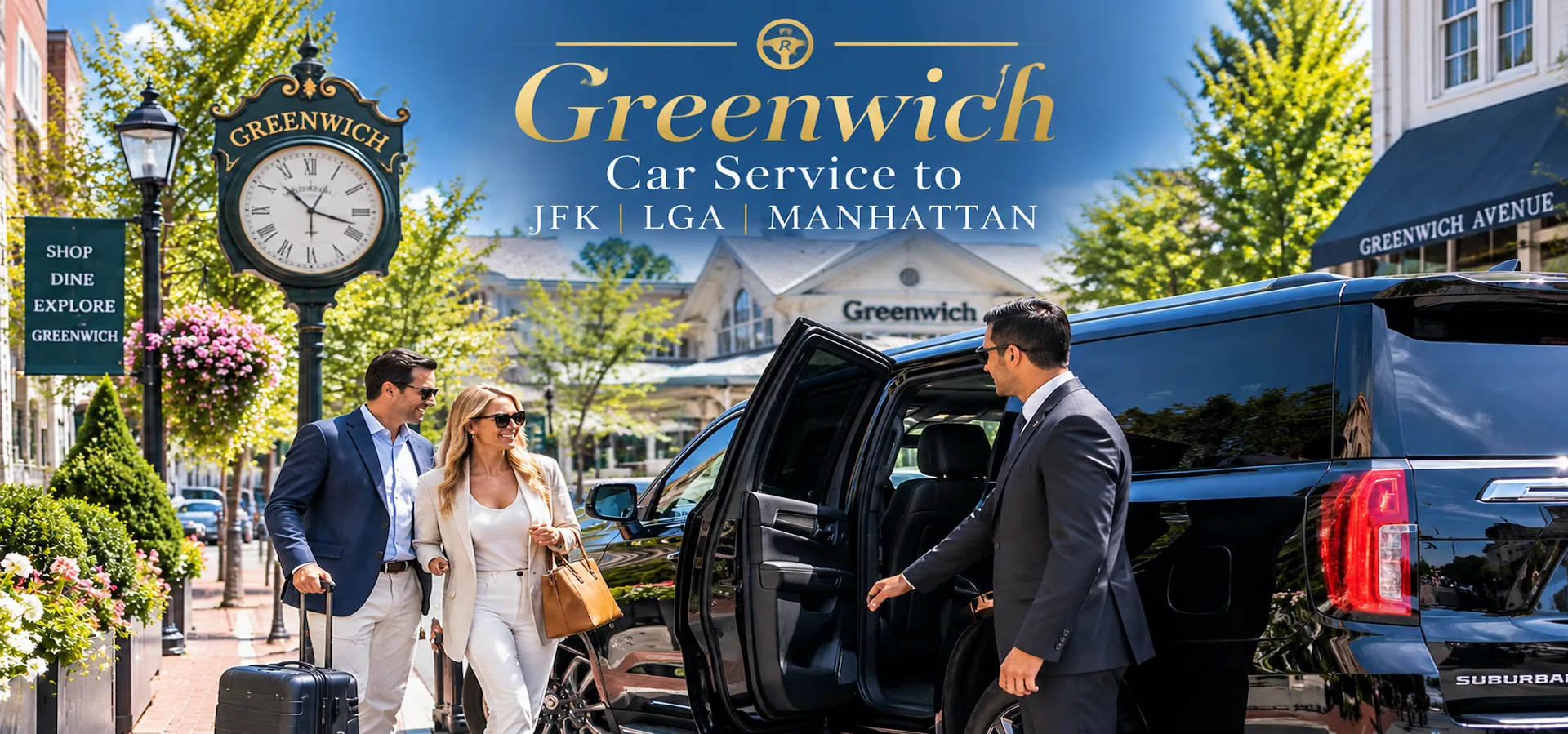Greenwich car service to JFK, LGA and Manhattan with professional chauffeur and luxury SUV