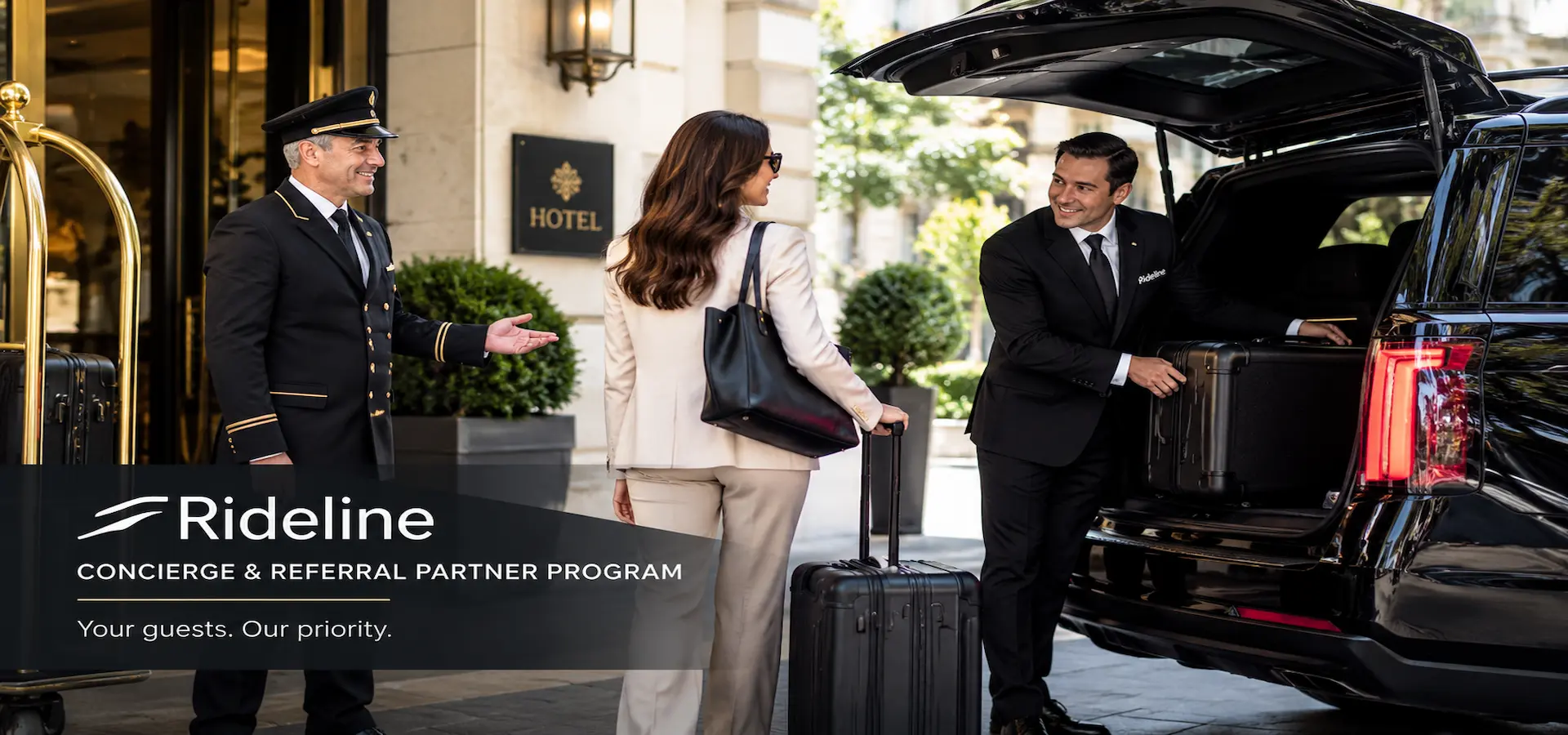 Hotel concierge introducing a guest to a Rideline chauffeur at a luxury SUV